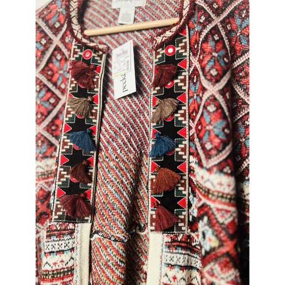 NEW Peck & Peck Wool Blend Tapestry Sweater Cardigan Sz L Tassel Hook Close Boho - Picture 2 of 14